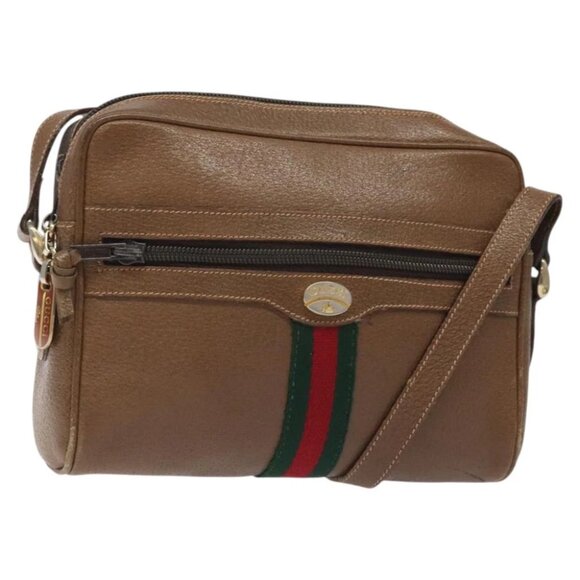 GUCCI Web Sherry Line Shoulder Bag Leather Brown Gold Auth - Picture 1 of 16